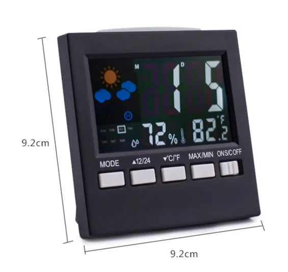 Black ABS multifunctional alarm clock with thermometer, humidity monitor, colour weather forecast, blue backlight
