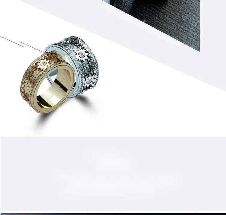 Unisex alloy ring with gypsophila inlaid diamond gear rotating design, white gold finish, size 10
