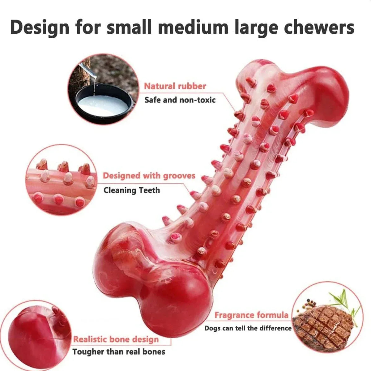 Red natural rubber chew toy for aggressive dogs with textured surface
