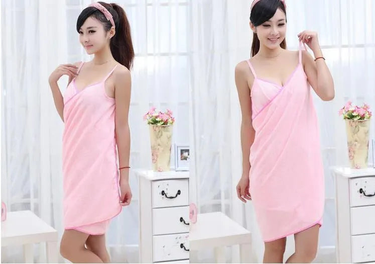 Polyester beach towel dress in pink, shown as a towel and worn as a cover-up.