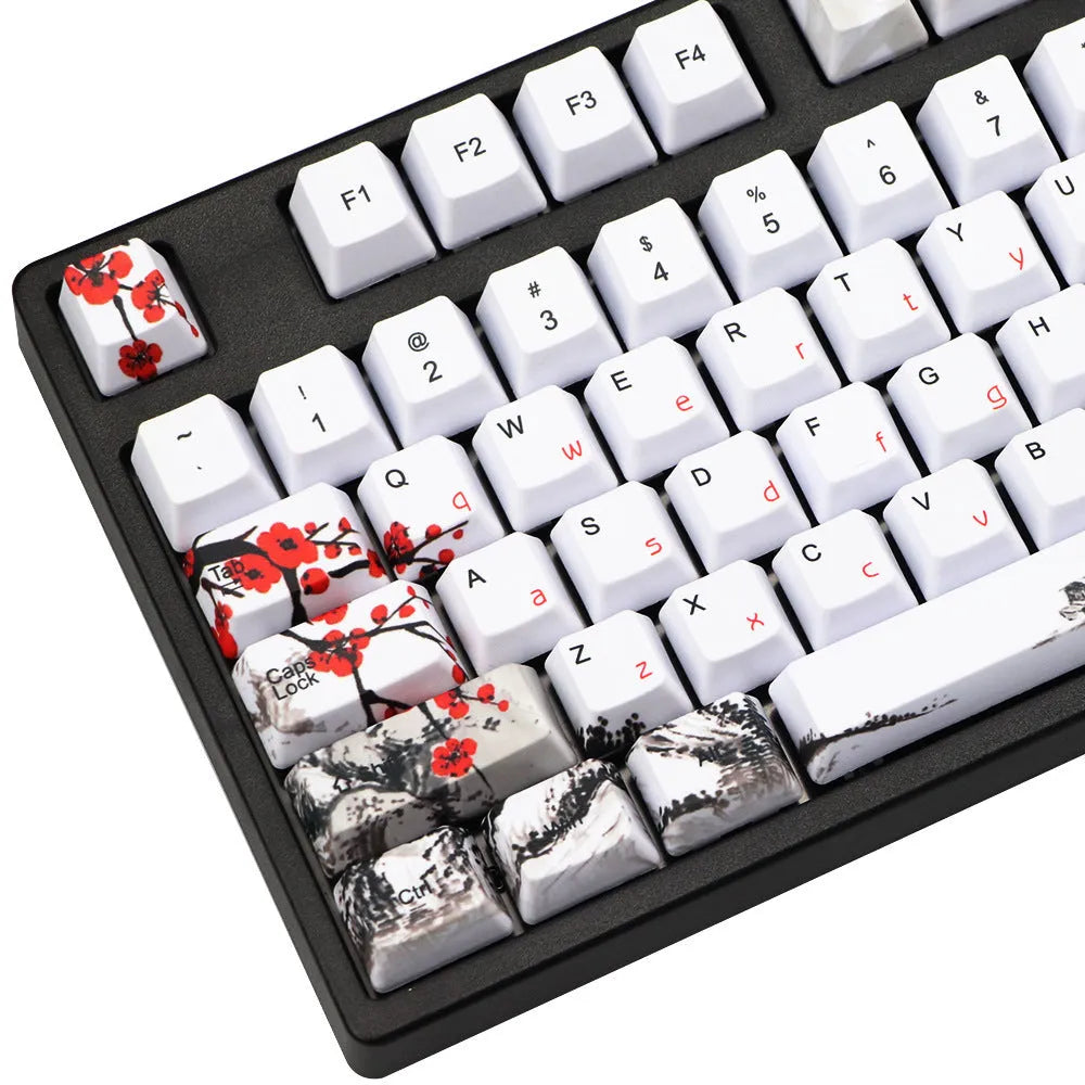 PBT Wangjiang Plum blossom theme keycap set for mechanical keyboards, showing five-sided sublimation printing.