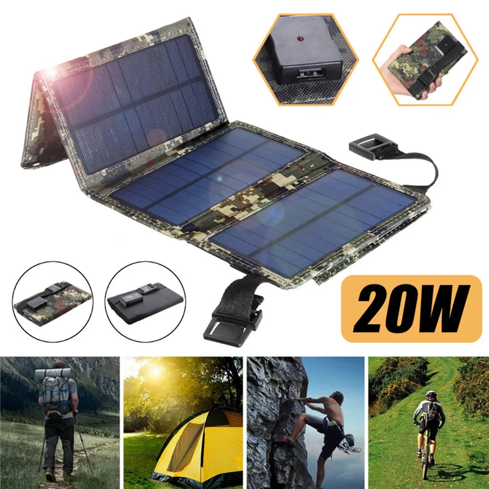 20W solar folding bag in camouflage with IP65 rating, expanded on grass with USB cable