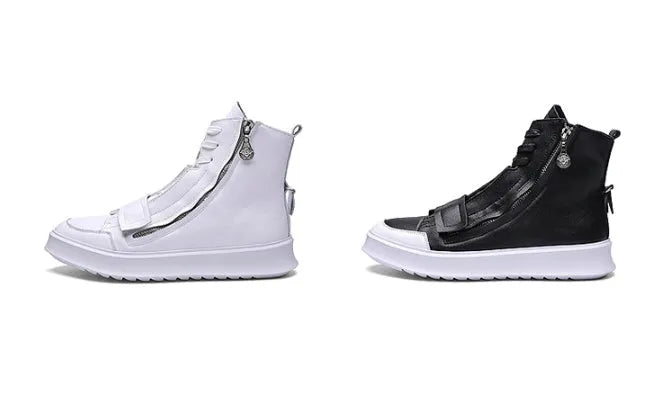 Men's black and white PU leather ankle boots with a high-top sneaker design for winter.