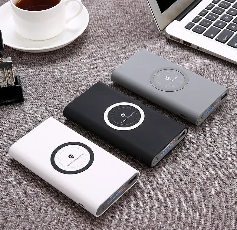 Three in one wireless power bank 10000mAh with USB cable and Qi wireless charging, ABS plastic, Black Gray White