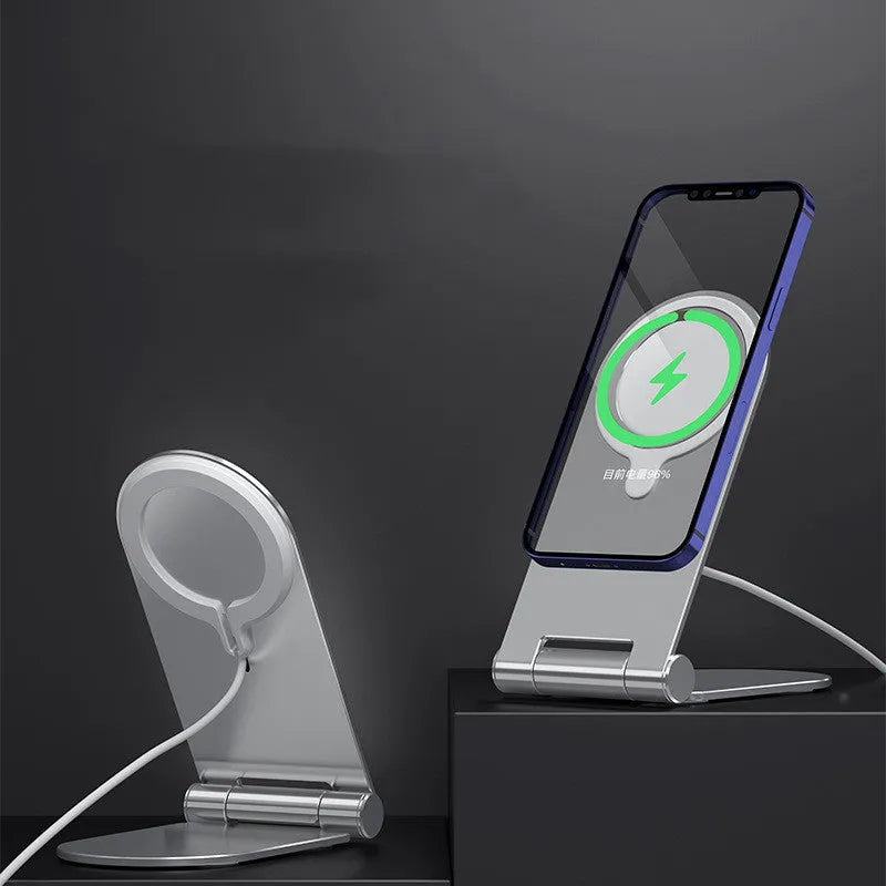 Silver aluminium alloy magnetic bracket holder for iPhone 12 smartphones showing adjustable vertical mounting design
