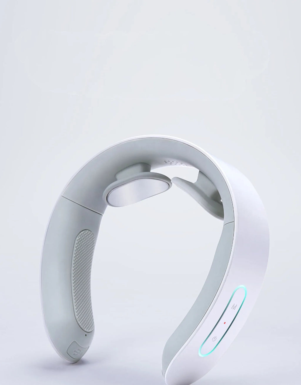 White electric acupressure massager for back neck and shoulders with control buttons.