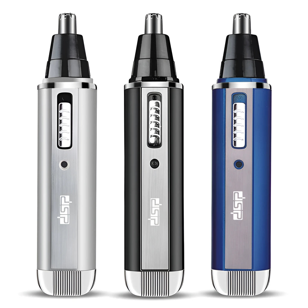 Blue electric shaver for facial hair trimming with sideburn, eyebrow and nose hair functions