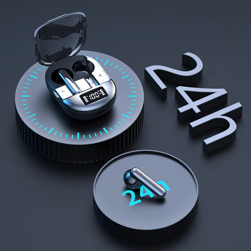 Black or white wireless Bluetooth headset with charging bin, showing digital display screen