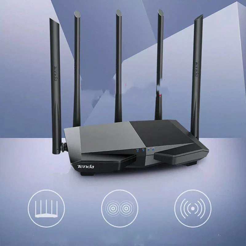 AC7 dual-band wireless router in black with four LAN ports and compact 220 x 141.5 x 49mm size