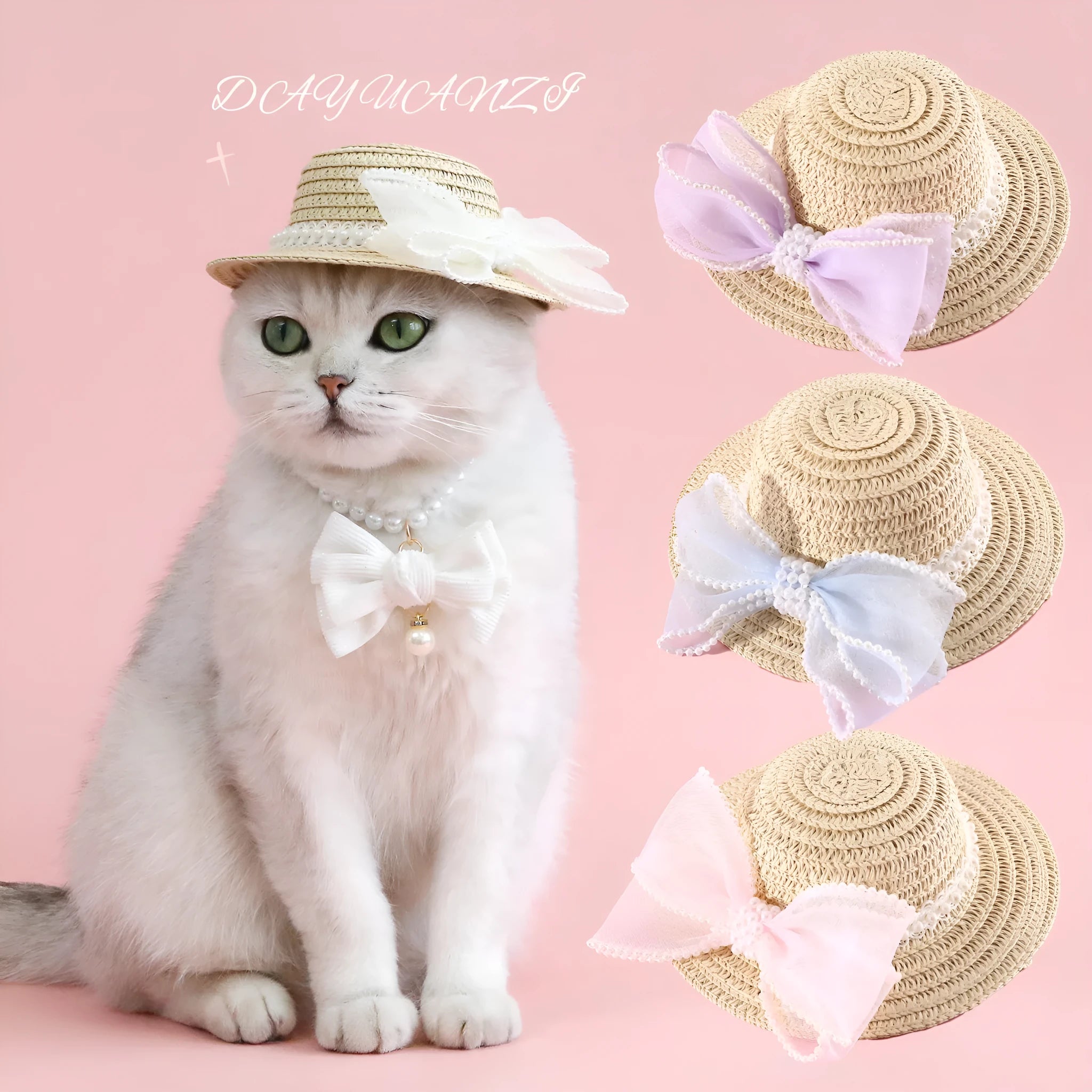 Woven Lafite leaf cat hat with pearl butterfly bow decoration in pink, purple, blue or white colours