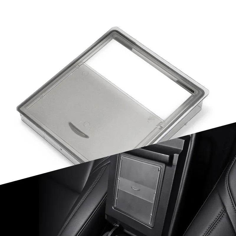 Black ABS plastic car seat central storage box measuring 170 x 130 x 55mm