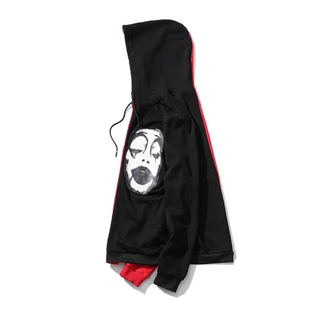 Oberlo hoodie in black and red cotton blend fabric, front view with drawstring hood and pocket