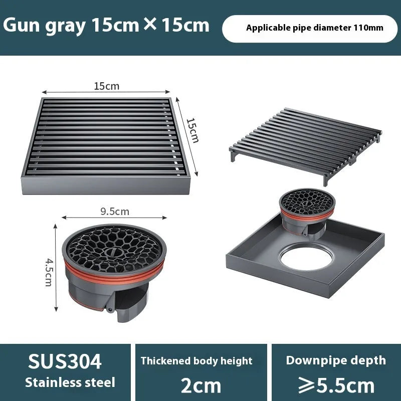 Gun grey 304 stainless steel courtyard floor drain with square grate, 15cm by 15cm.