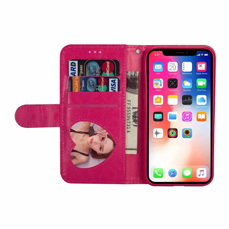 Black PU leather zipper case for iPhone shown closed and open next to a phone.