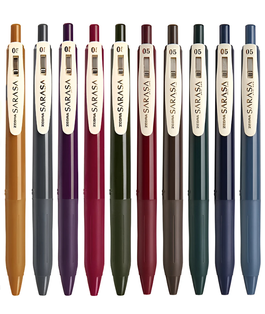 Press The Water 0.5mm bullet gel pen in various retro colours on a white background.