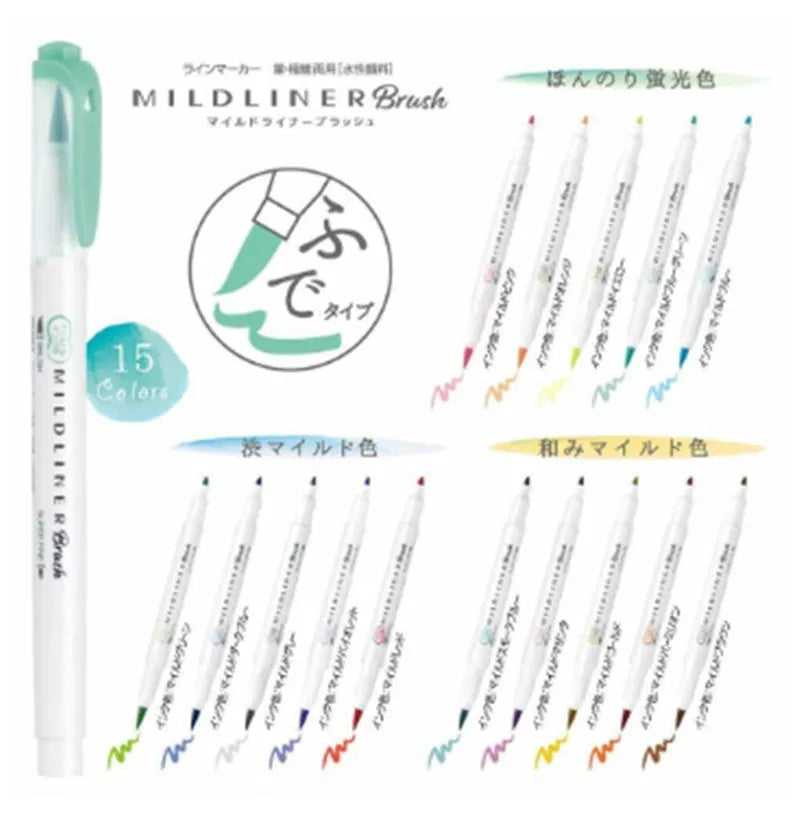 Double-sided highlighter pen with water-based ink, showing soft and round tips, in one of 15 available colours.