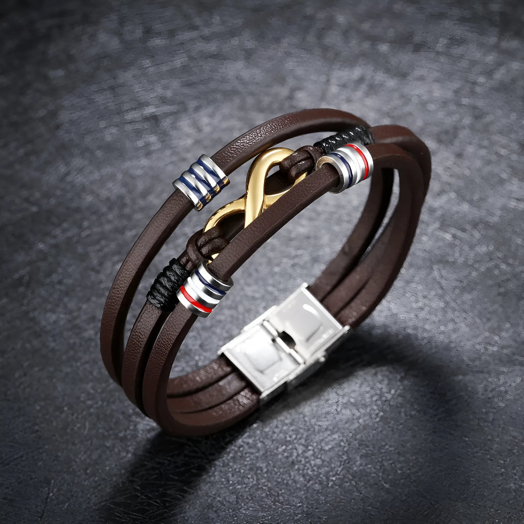Men's geometric leather bracelet with titanium steel electroplating finish