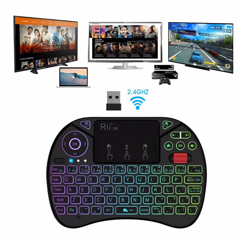 Black i8X wireless keypad with 71-key QWERTY layout, larger touchpad and dual mouse buttons