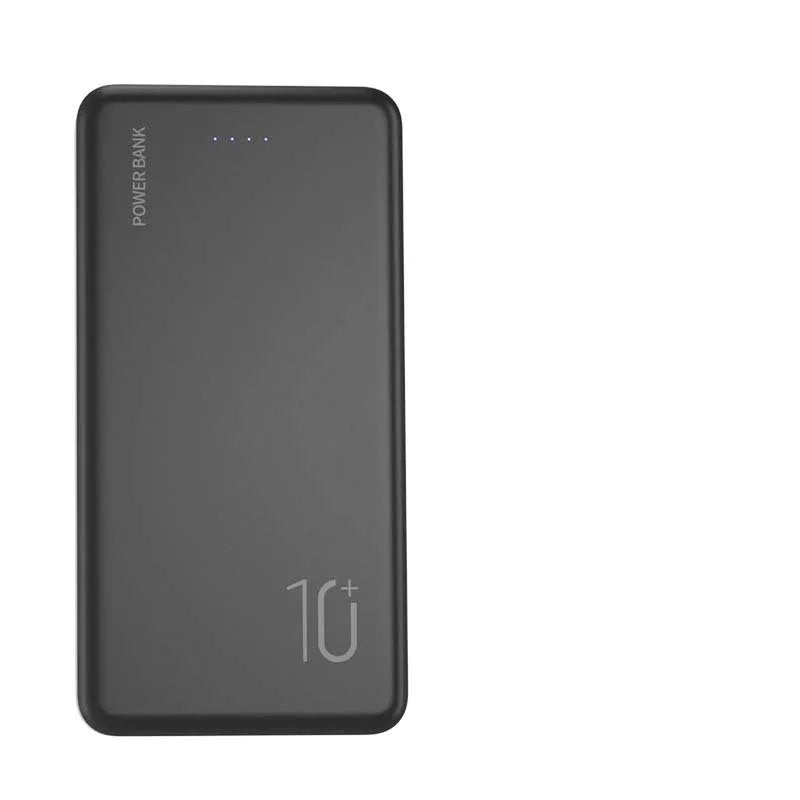 Ultra-thin 10000mAh power bank in black with multi-U port output on a white background