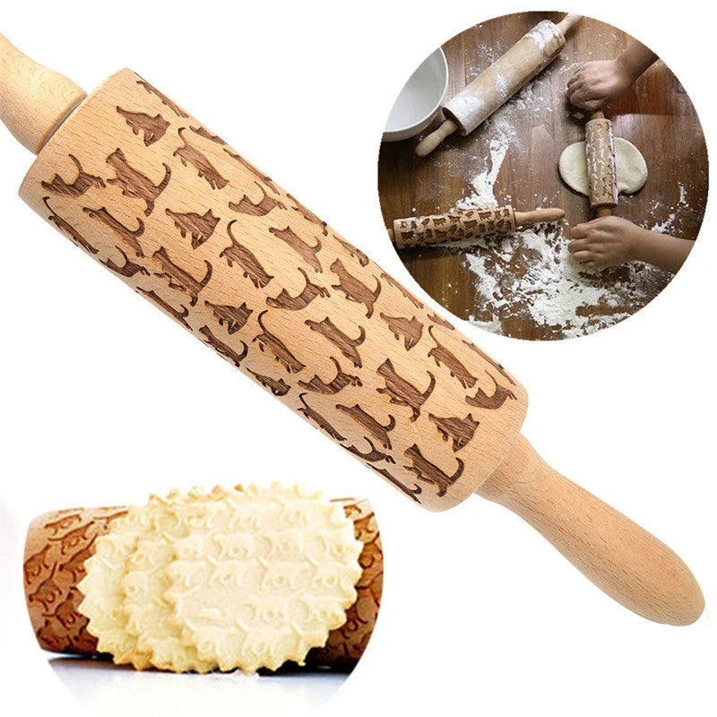 Personalized Christmas rolling pin with a variety of embossed holiday designs, including snowflakes, reindeer, and Merry Christmas patterns