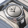 Men's belt style waterproof quartz watch with white dial and brown artificial leather strap on wrist