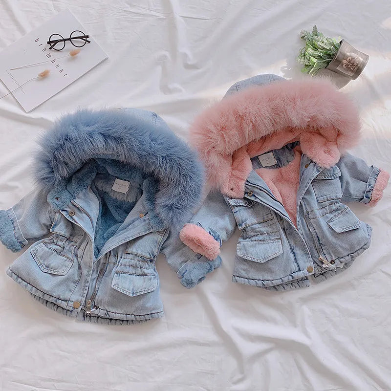 Blue denim coat for a girl with an attached hood and velvet lining.