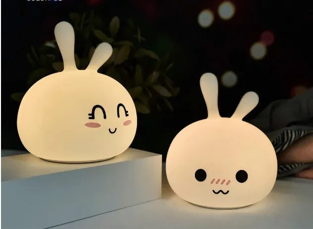 Marshmallow bunny LED night light with shy or happy face, 126x126x147mm, ABS and silicone construction