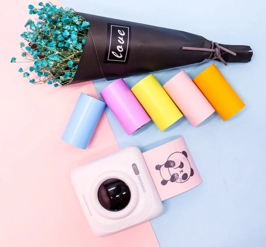PerPage Mini wireless portable thermal printer paper rolls in regular, sticker and label styles, multiple colours