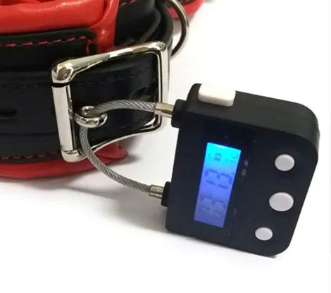 Black bondage timing lock with digital screen and button, USB rechargeable for BDSM restraint use