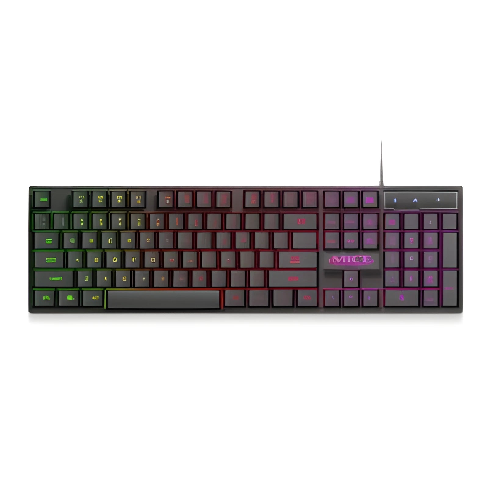 Black USB wired luminous gaming keyboard with frosted keycaps on a desk.