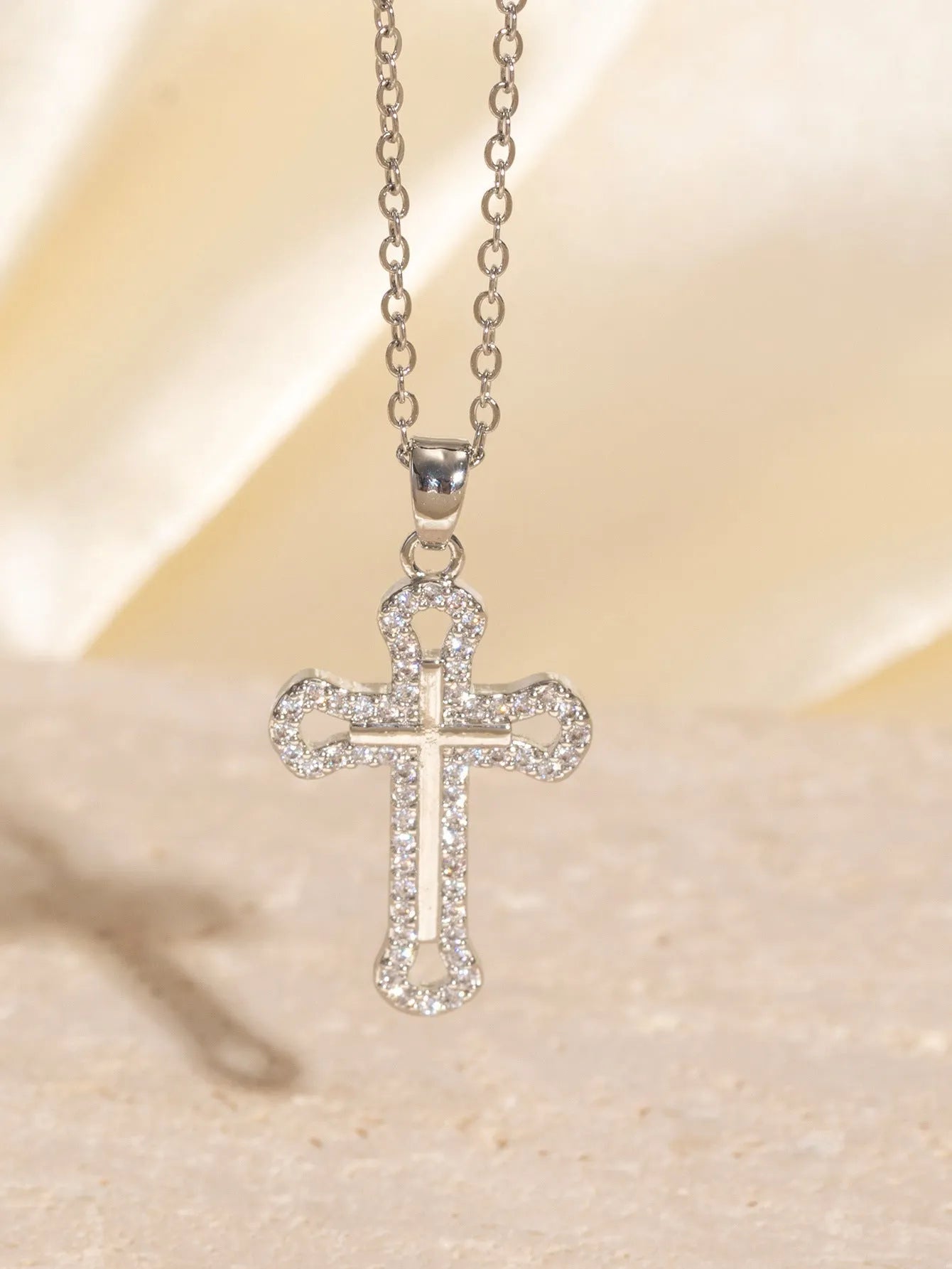 Real gold electroplated cross necklace with micro inlaid zircon on copper pendant and O-ring chain