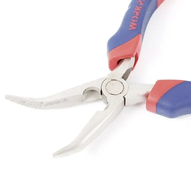 Blue and black handled curved nose pliers on a workbench, showing angled jaw tips.