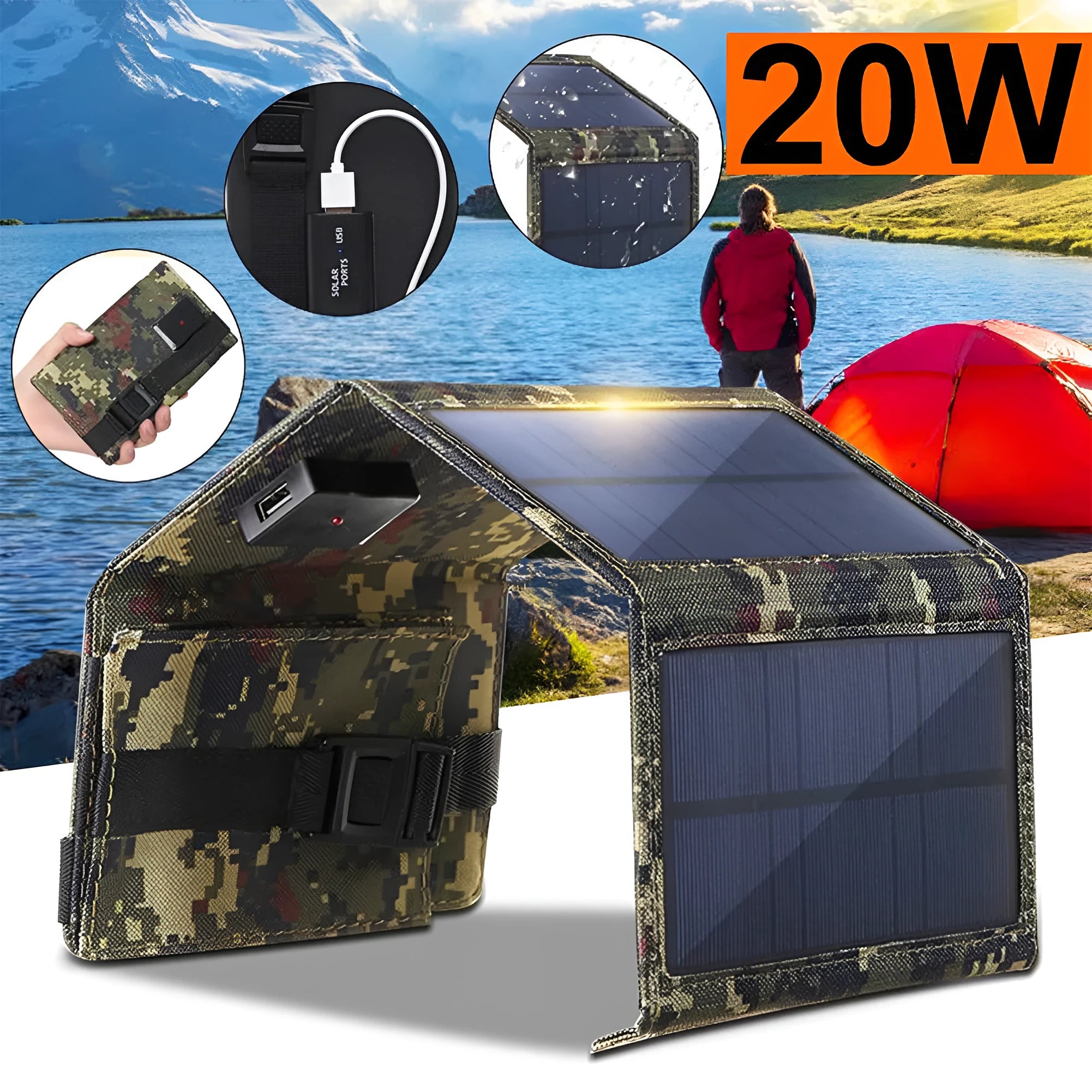 20W solar folding bag in camouflage with IP65 rating, expanded on grass with USB cable