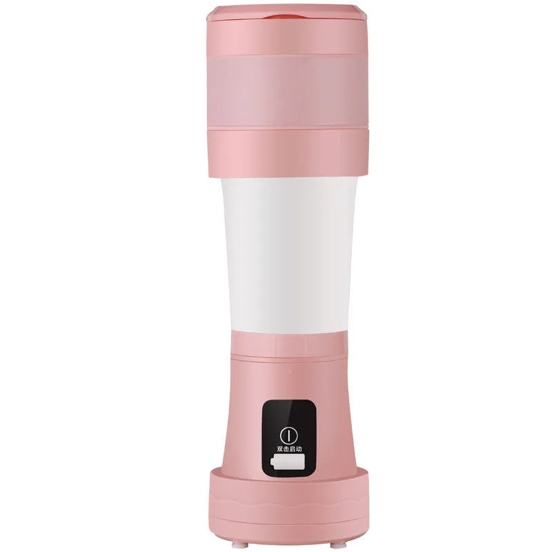 Blue portable personal blender with 450ml cup, shown extended and folded, with USB charging cable