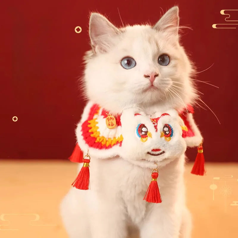Red New Year pet scarf collar for cats and dogs in Lion Dance Blessing, Nian Beast, Peace and joy, and Red lion styles, sizes S and M.
