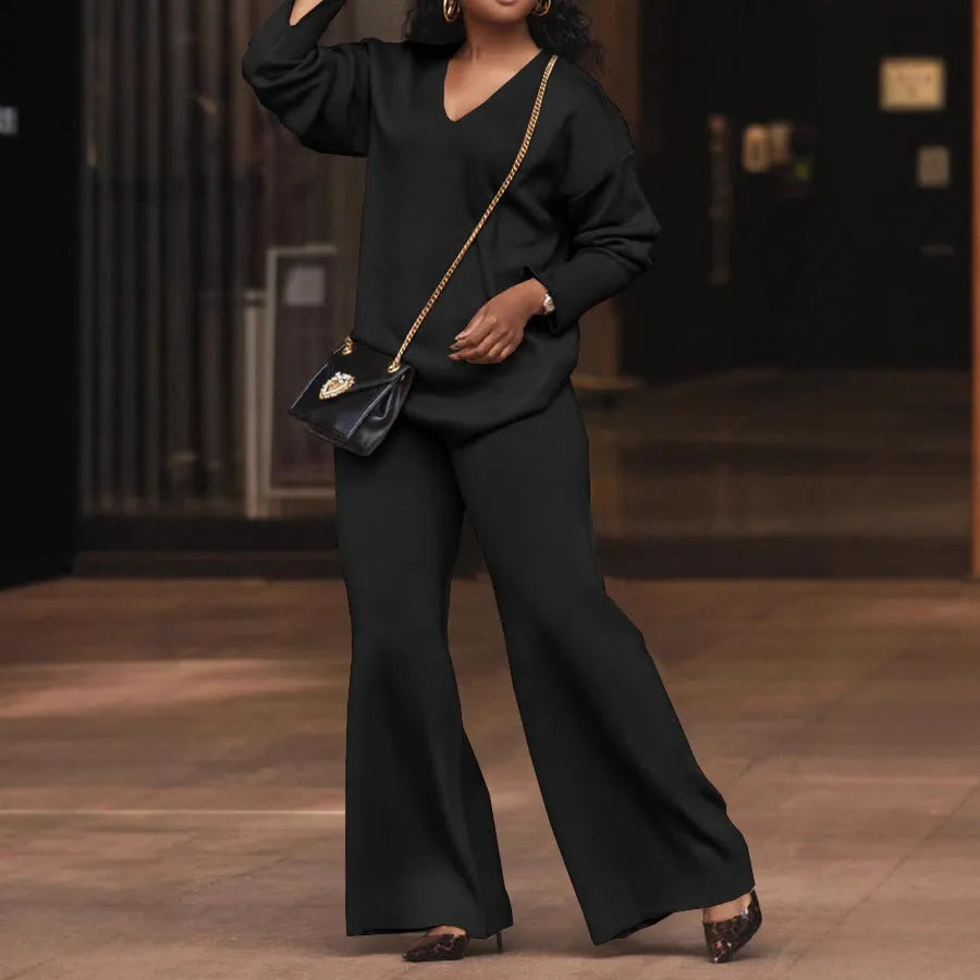 Women's brown suede velvet two-piece suit with split sleeve design and full-length trousers