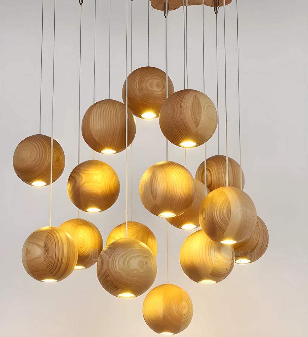 Nordic style wood ball chandelier hanging pendant light with adjustable height.