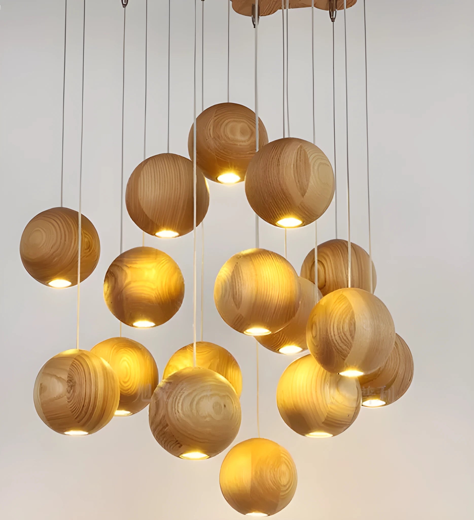 Nordic style wood ball chandelier hanging pendant light with adjustable height.
