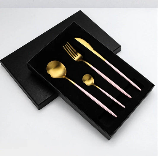 Premium stainless steel cutlery set with a mirror-polished finish, including coffee spoons, dessert spoons, main meal spoons, dessert forks, main forks, and chopsticks, presented in a stylish gift box.