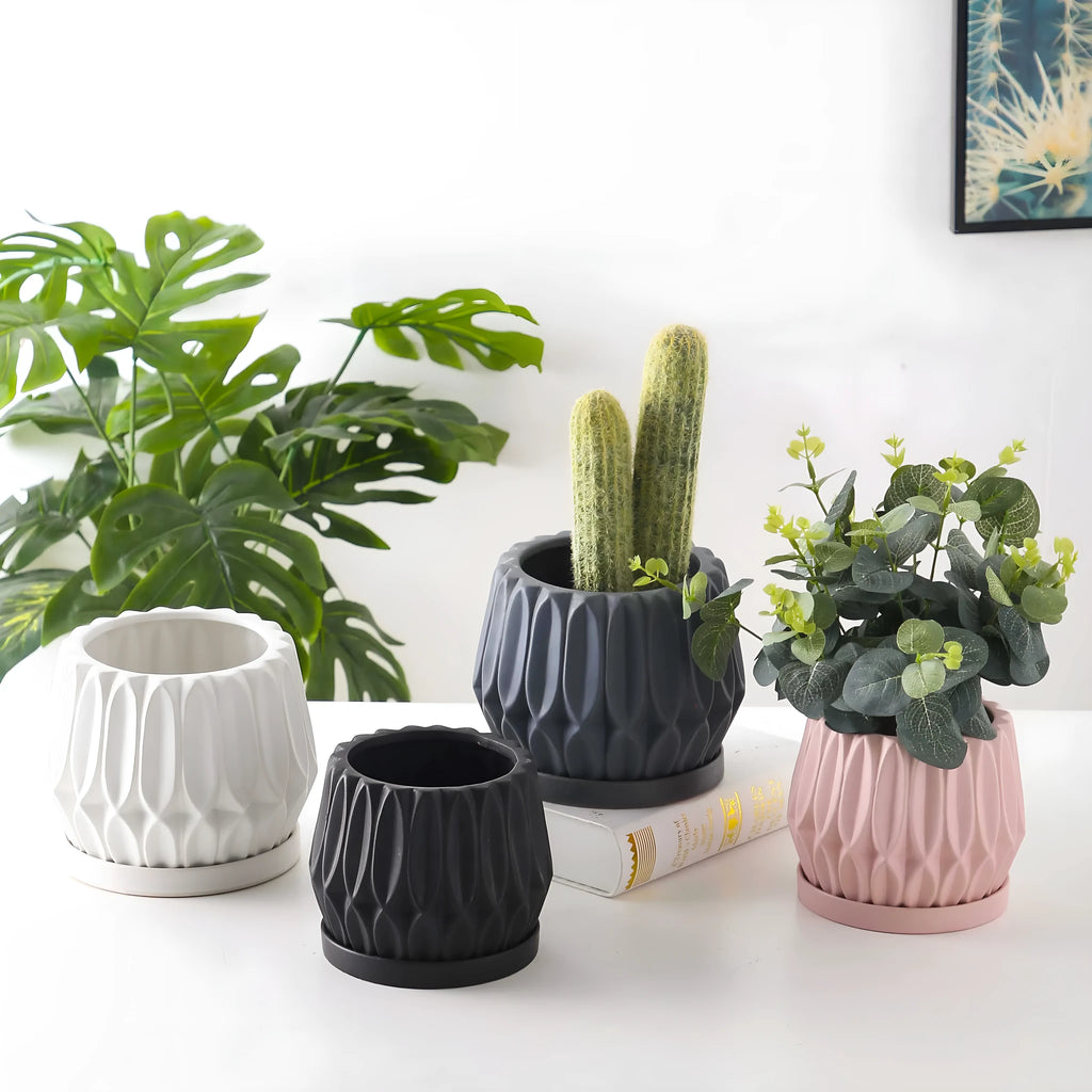 Grey ceramic desktop plant flowerpot medium size for tabletop plants