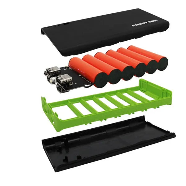 20000mAh portable power bank in multiple colours showing dimensions and fast charging label.