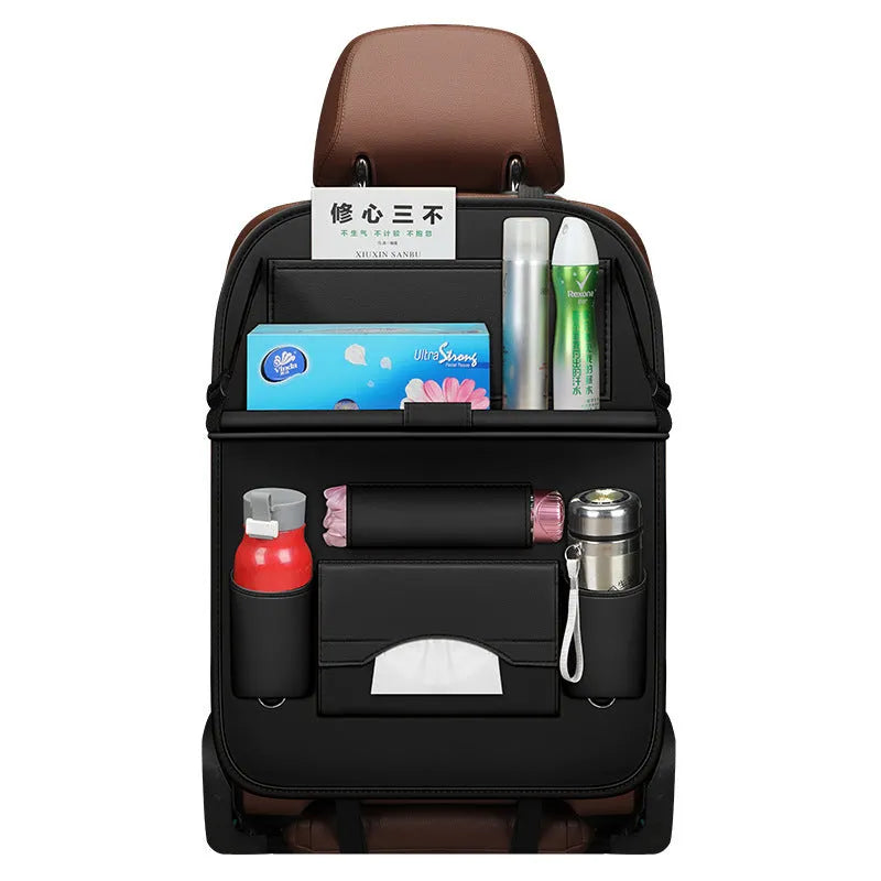 Car seat hanging storage bag in wear-resistant leather, available in beige, black, brown, coffee colours, standard and upgrade styles for vehicle organisation.
