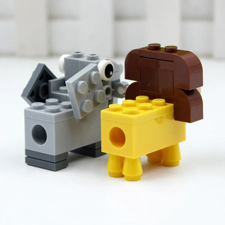 Assembled DIY building block pencil sharpener shaped like an Elephant on a wooden desk