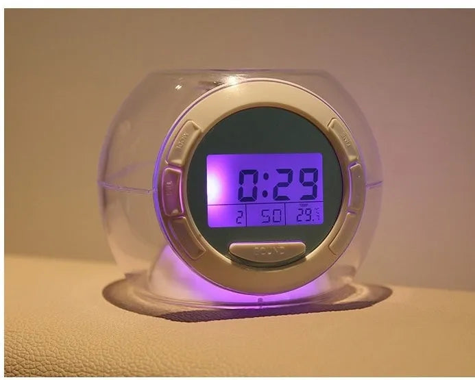 White colourful natural sound alarm clock with LCD display showing time and date