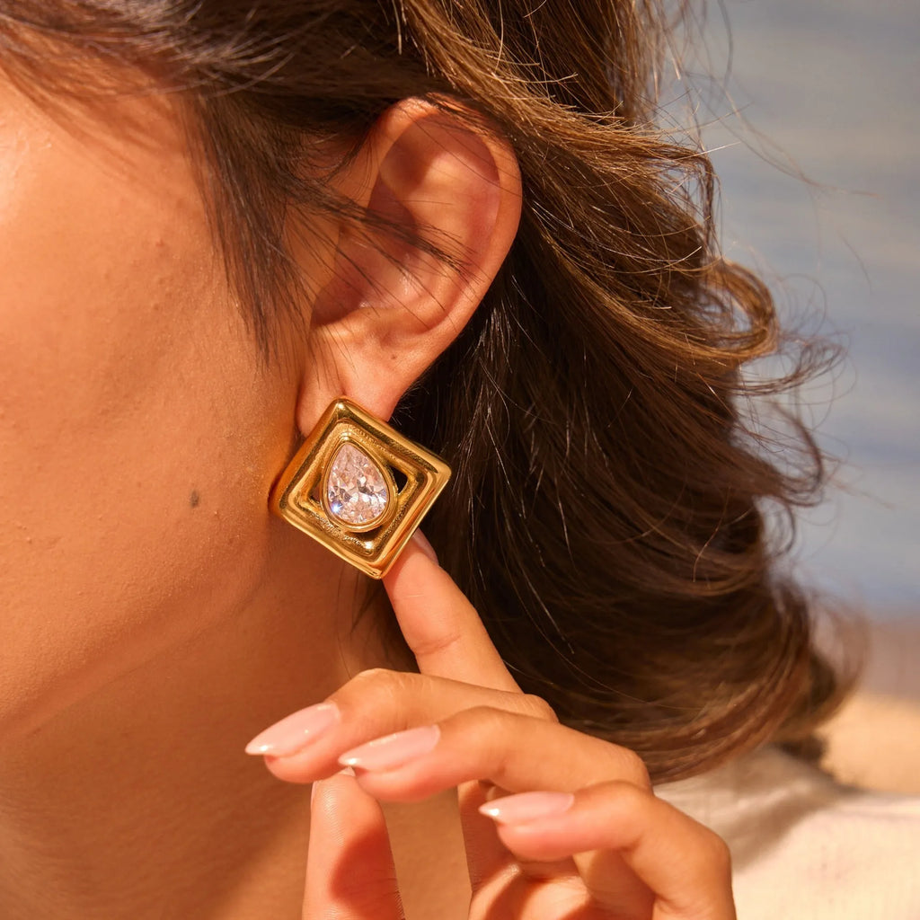 Geometric gold electroplated stud earrings with inlaid water drop zircon stones