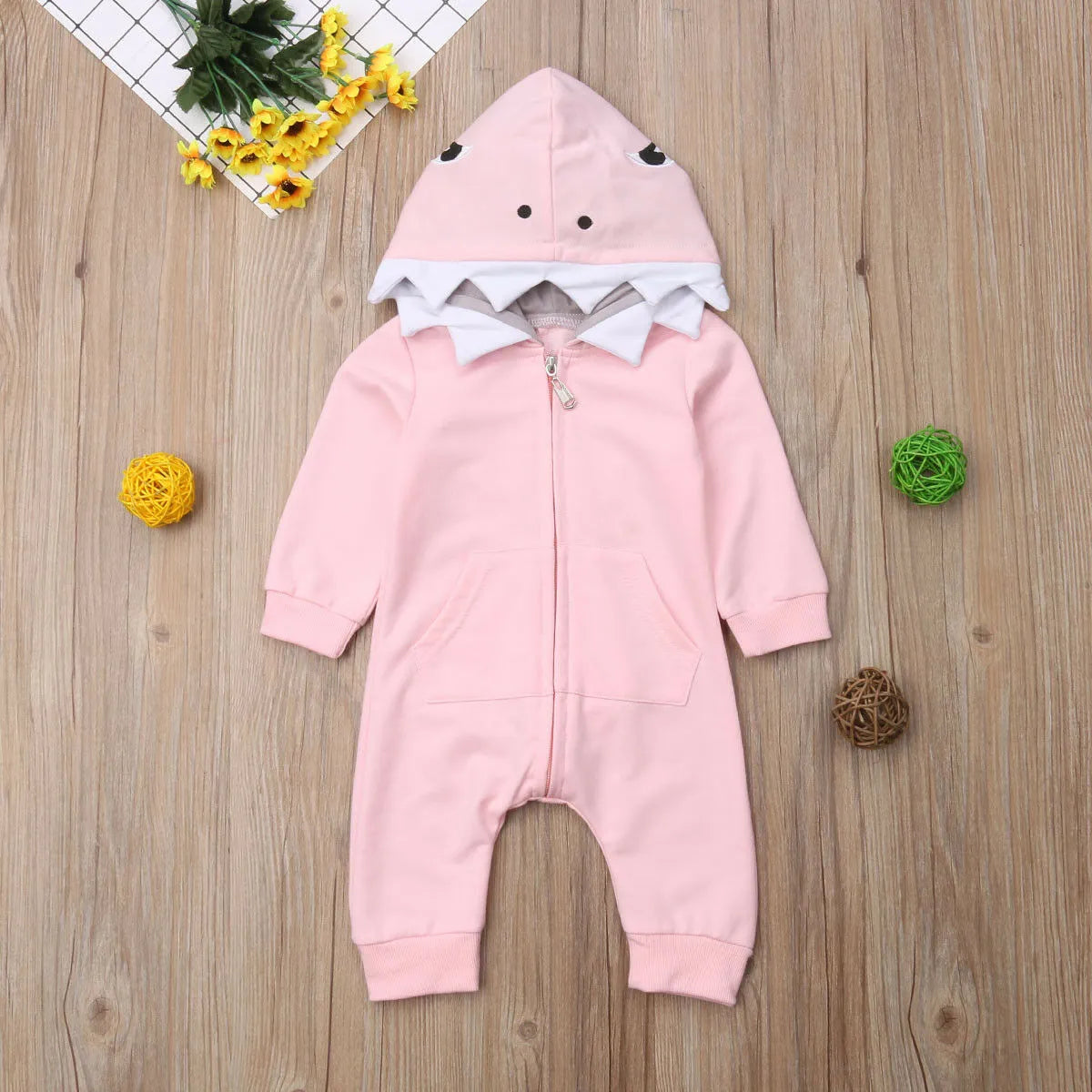Children's cartoon shark hooded robe in gray, with zipper closure and long sleeves