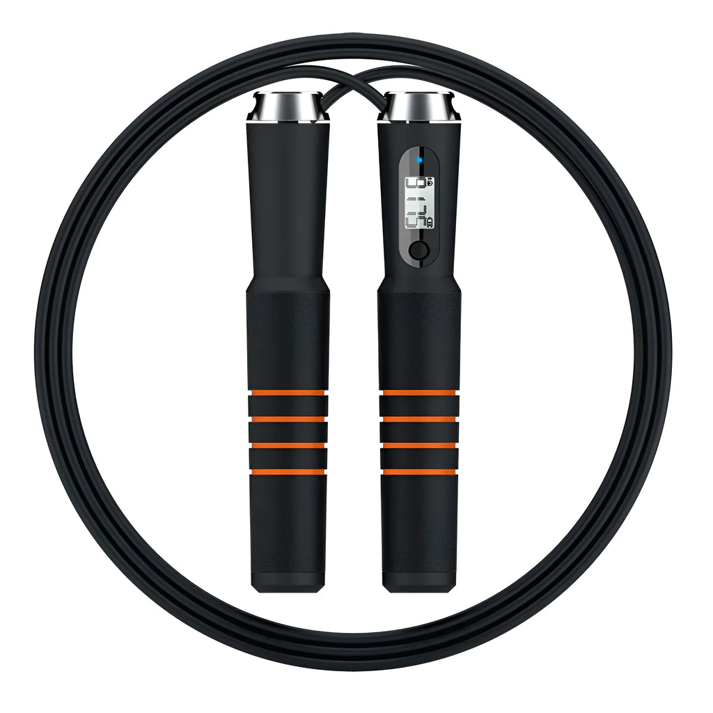 Smart Bluetooth counting skipping rope with LCD display, black orange handle, and adjustable 3m PVC rope