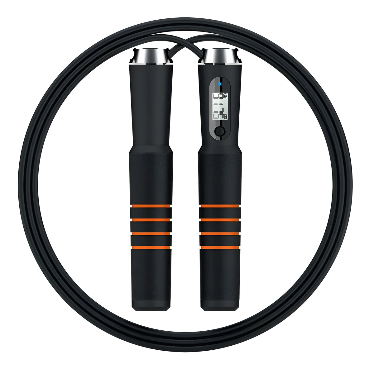 Smart Bluetooth counting skipping rope with LCD display, black orange handle, and adjustable 3m PVC rope