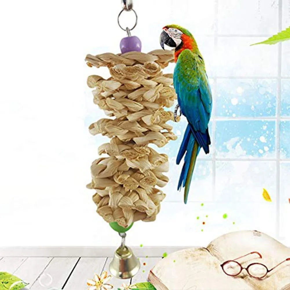Natural grass parrot toy with bell, hanging from cage with hook, brown, 18-20 cm length