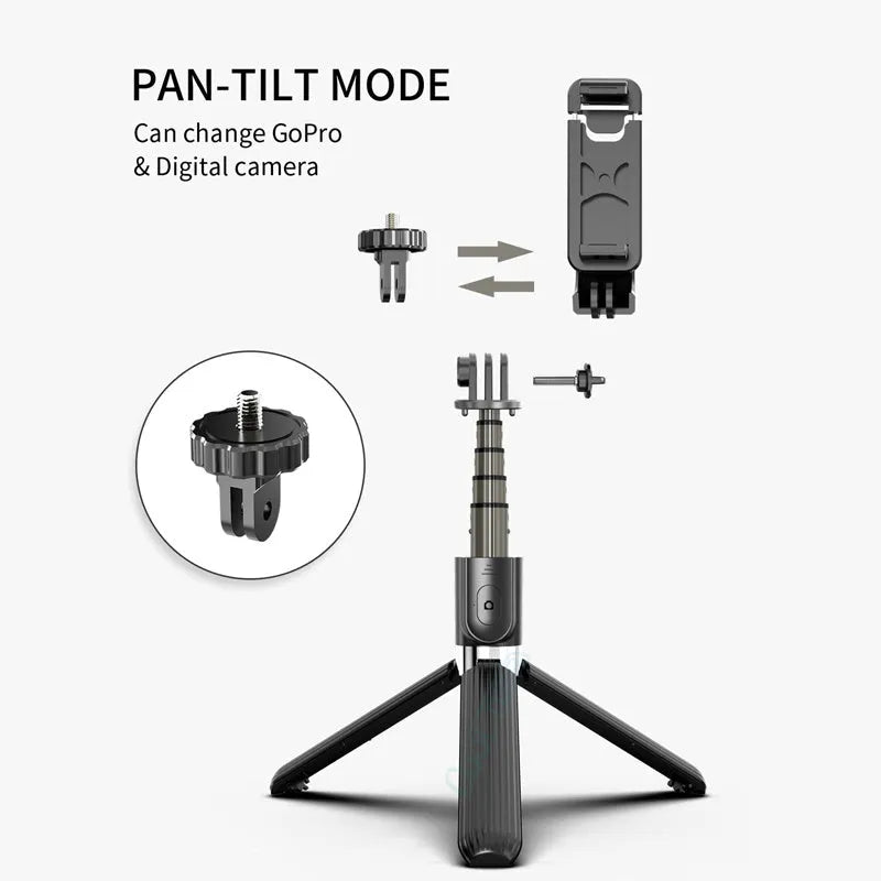 Black aluminium tripod selfie stick extended next to Apple iPhone